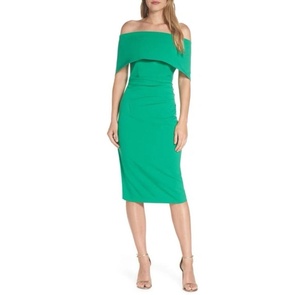 Vince Camuto Popover Off The Shoulder Green Ruched Midi Cocktail Dress